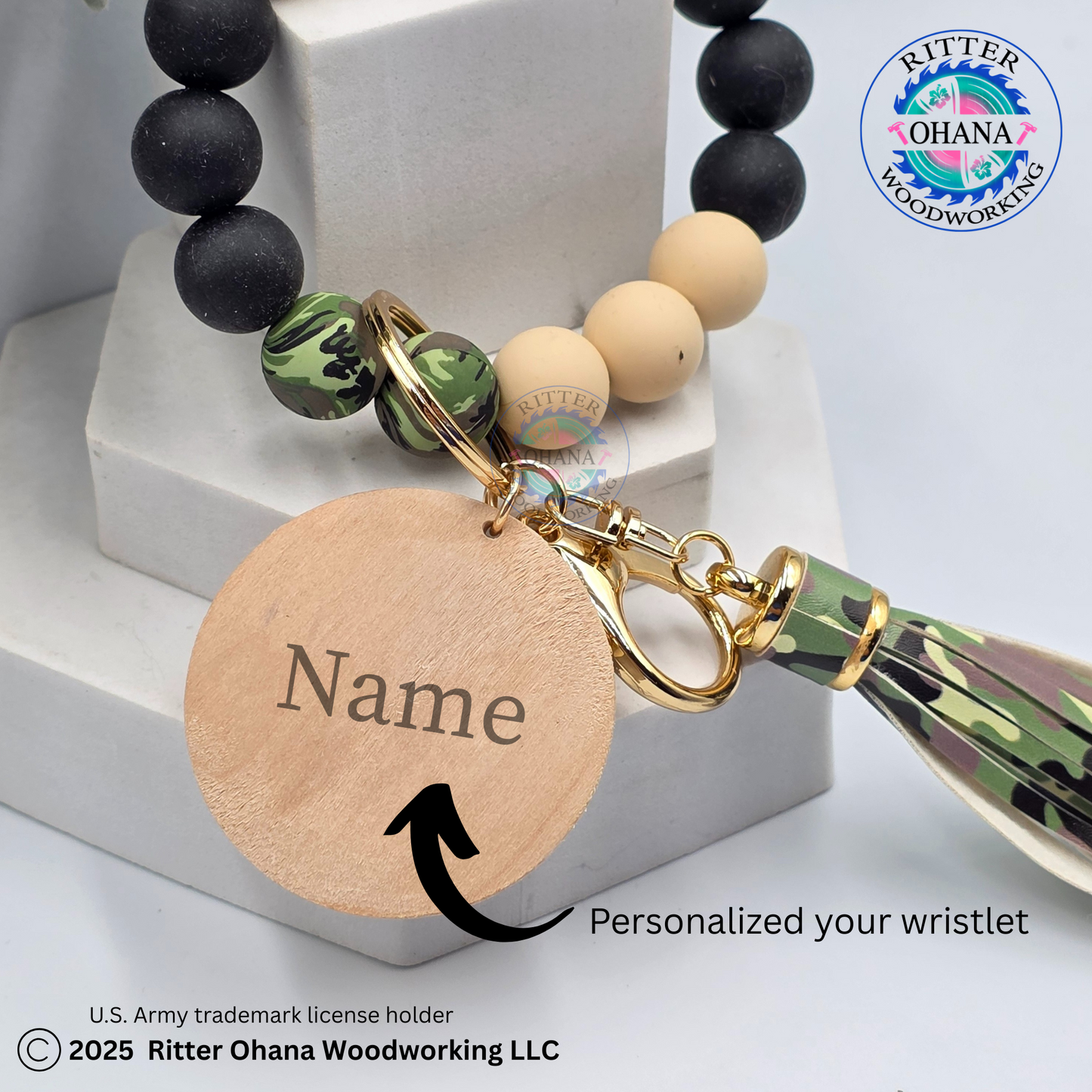 Military Camouflage Wristlet/Keychain with Wooden Disk
