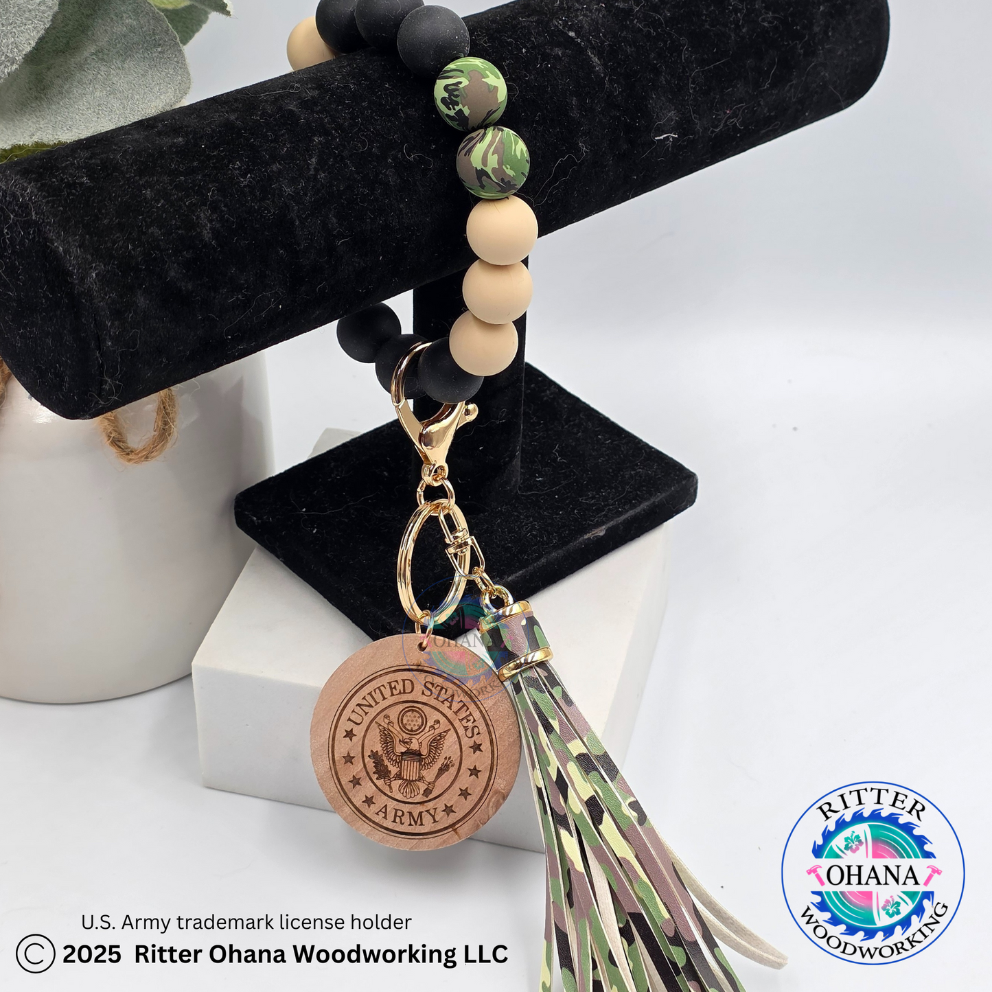 Military Camouflage Wristlet/Keychain with Wooden Disk