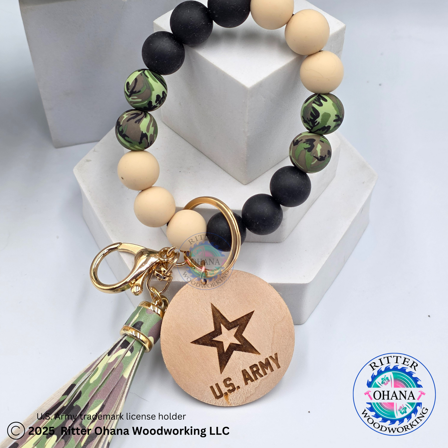 Military Camouflage Wristlet/Keychain with Wooden Disk