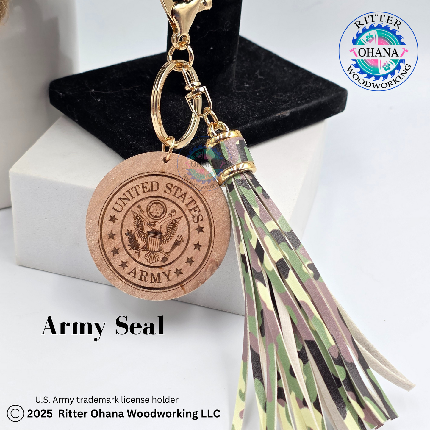 Military Camouflage Wristlet/Keychain with Wooden Disk