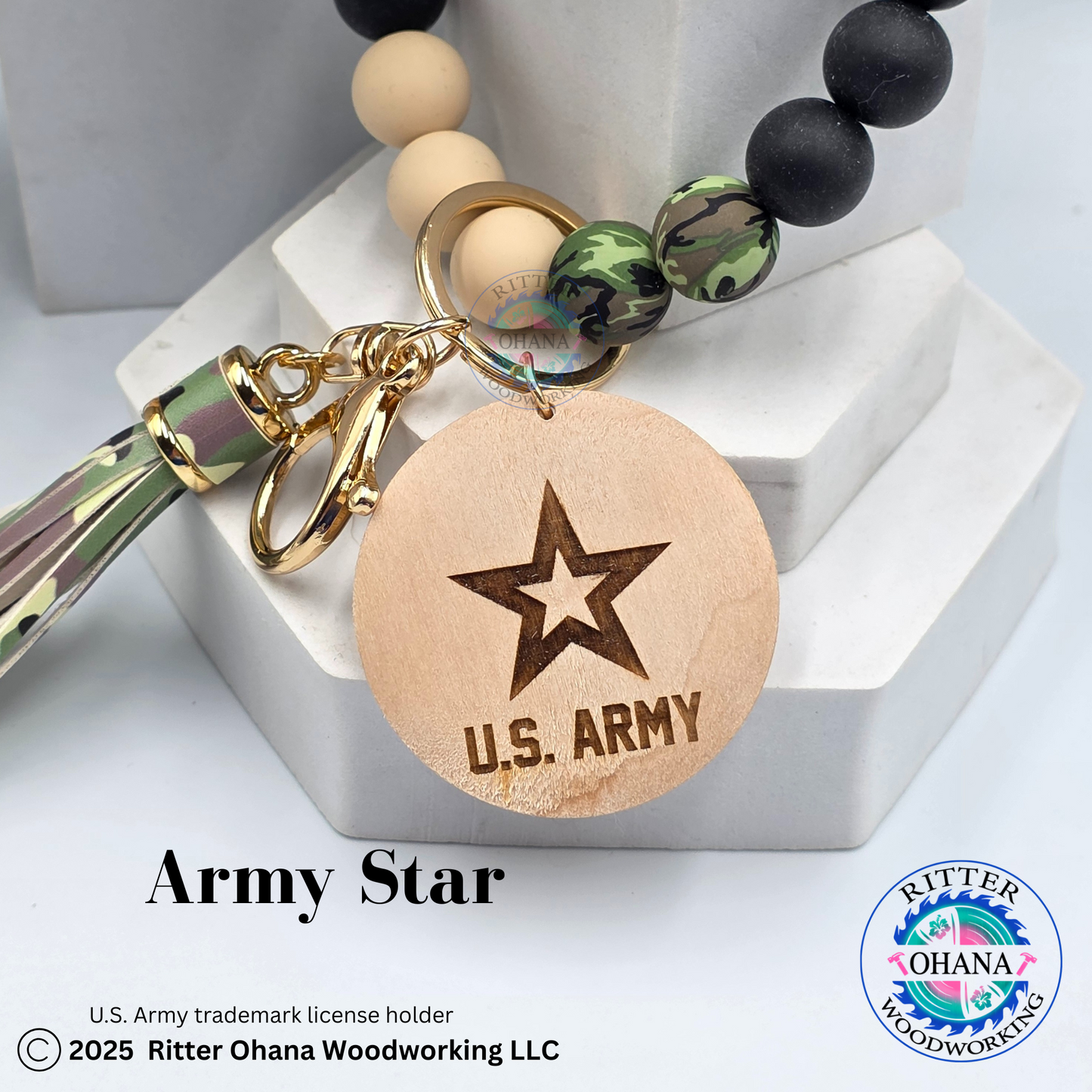 Military Camouflage Wristlet/Keychain with Wooden Disk