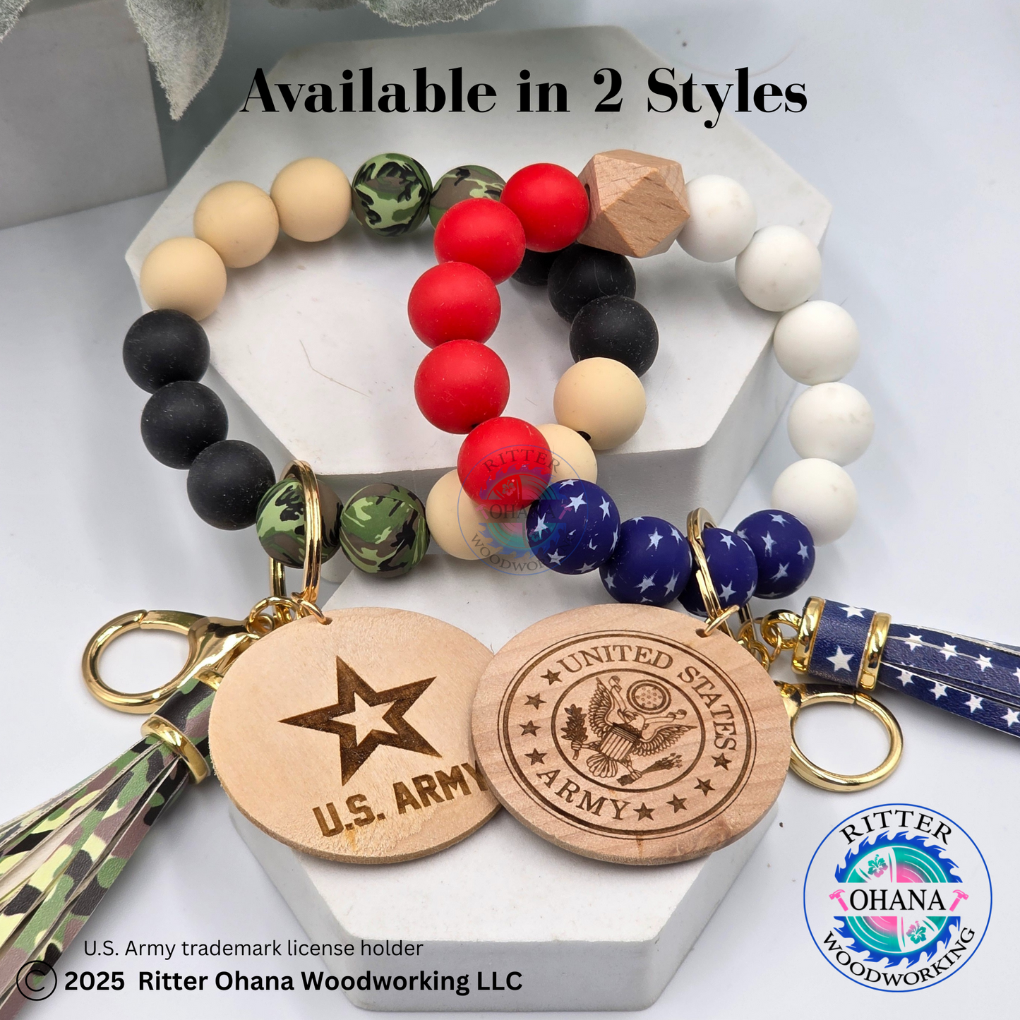 American Flag wristlet/keychain with wooden disk