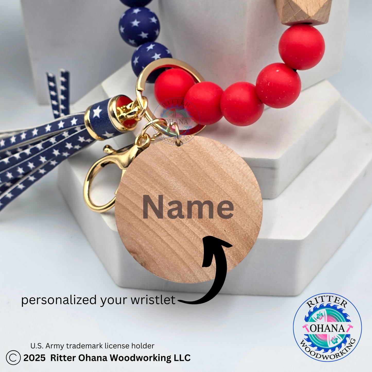 American Flag wristlet/keychain with wooden disk