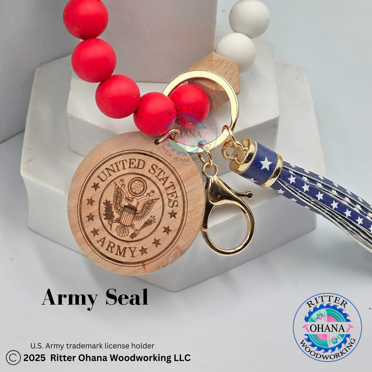 American Flag wristlet/keychain with wooden disk