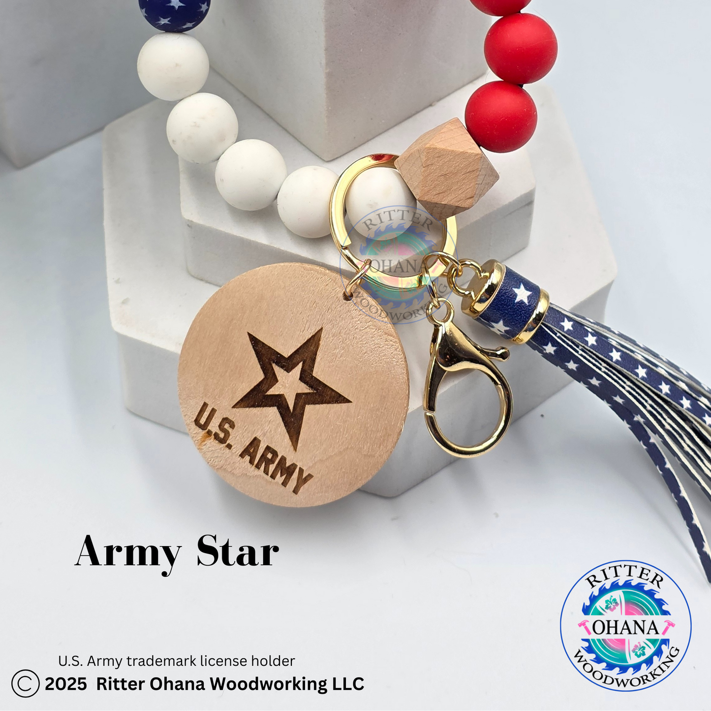 American Flag wristlet/keychain with wooden disk