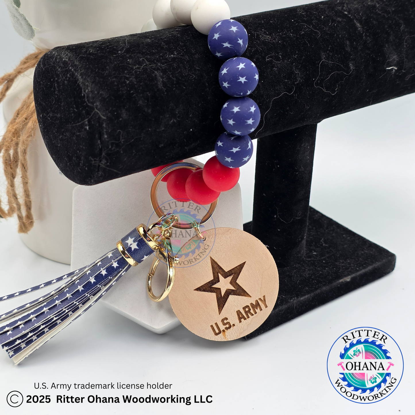 American Flag wristlet/keychain with wooden disk