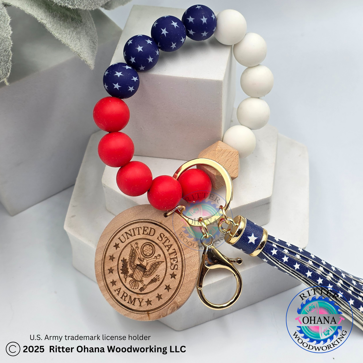 American Flag wristlet/keychain with wooden disk