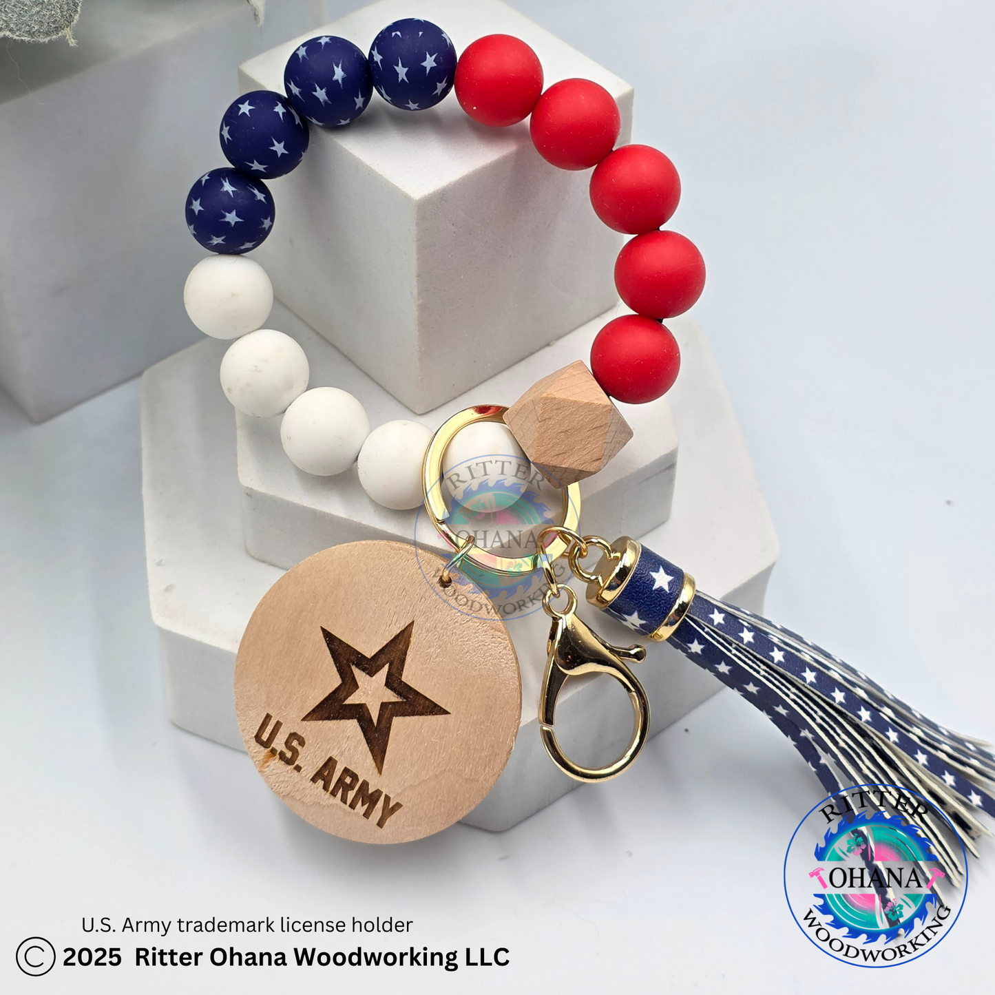 American Flag wristlet/keychain with wooden disk