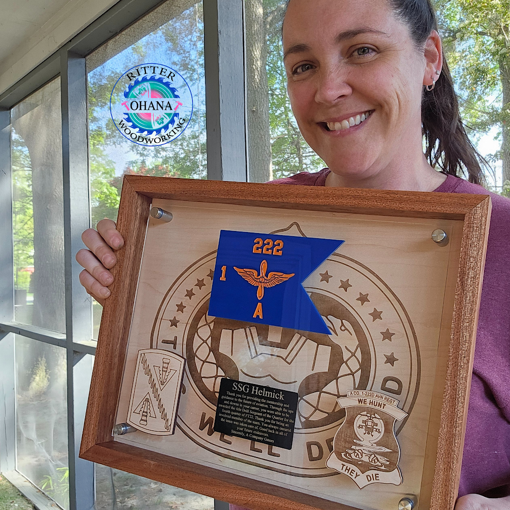 wood square frame, engraved army drill sergeant logo, with clear overlay with unit  company logo and name