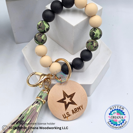 Military Camouflage Wristlet/Keychain with Wooden Disk