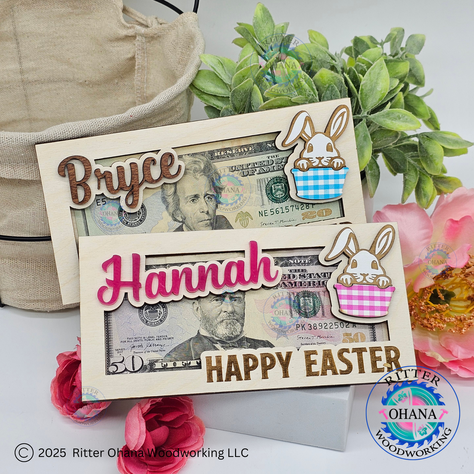 A wooden Easter money holder with a cute bunny design, featuring slots for cash and checks, personalized with the name 'Bryce' and 'Hannah'. The holder is displayed with 'Happy Easter' text and colored in pink and blue.