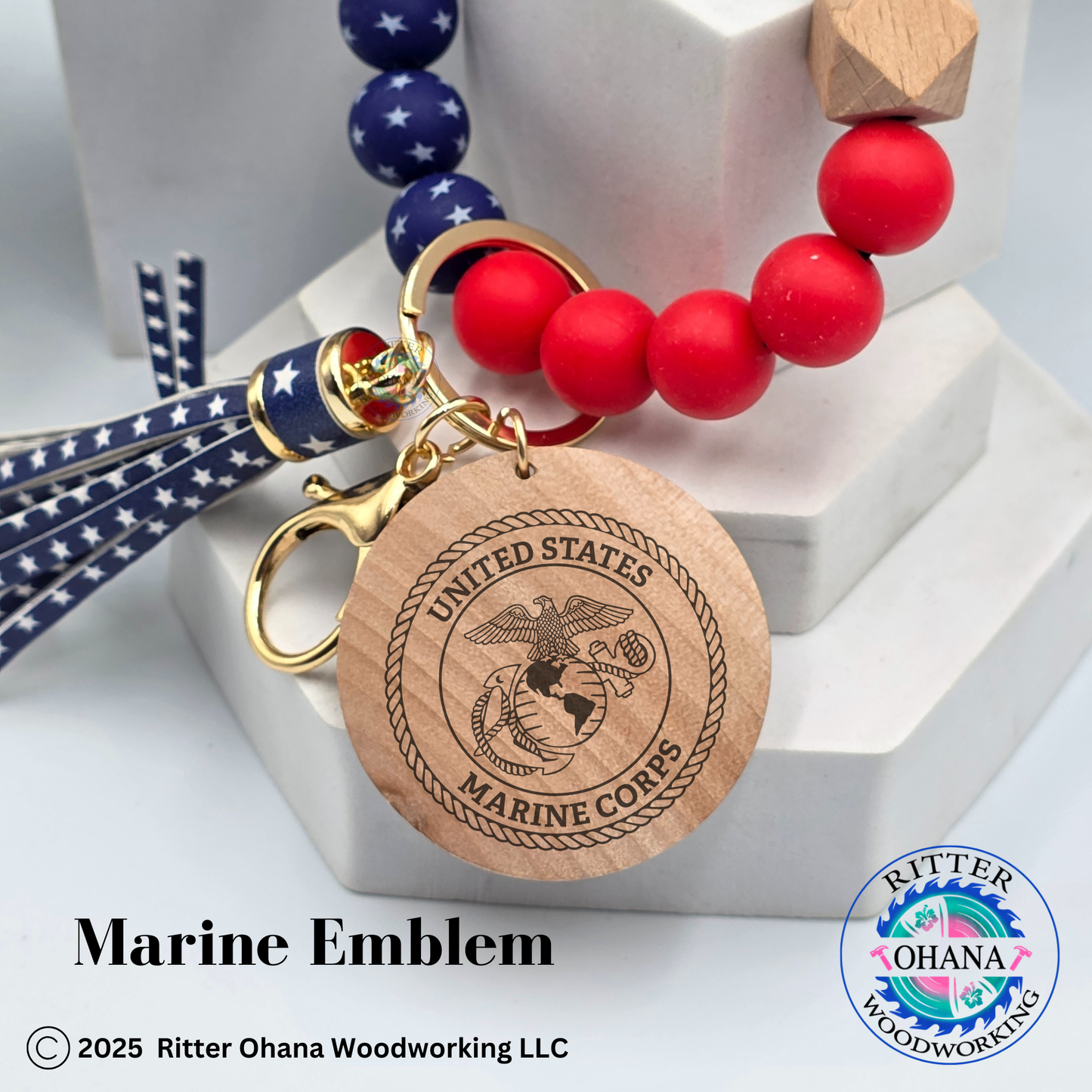 American Flag wristlet/keychain with wooden disk