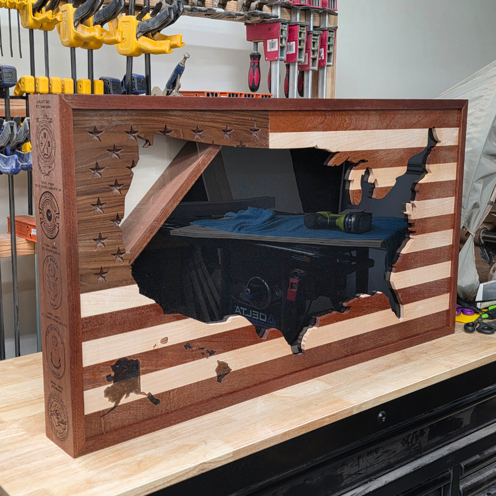 Solid wood flag shadow box, front USA map cut out. holds folded flag, patches and pins with custom engraving