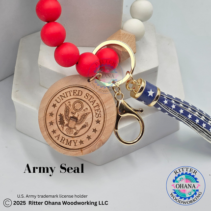 American Flag wristlet/keychain with wooden disk