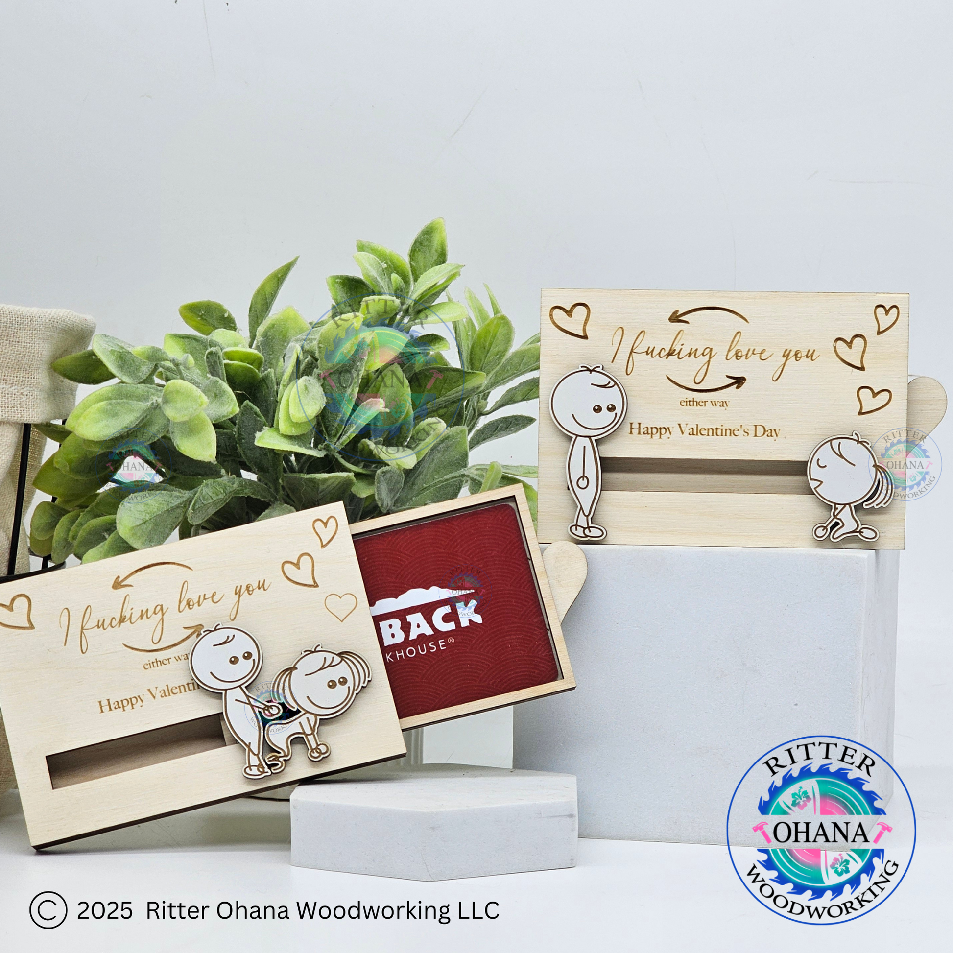 square wooden gift card holder with stick figures that side to create a sex position and reveal a gift card. text; i fucking love you, or either way, happy valentines day