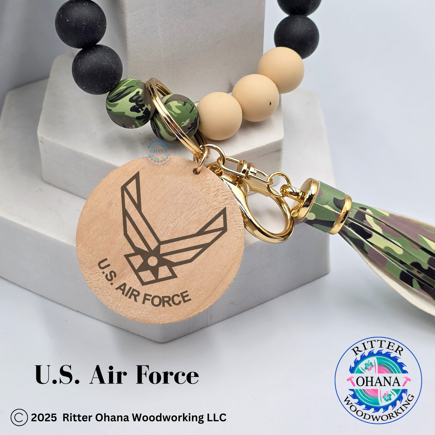 Military Camouflage Wristlet/Keychain with Wooden Disk