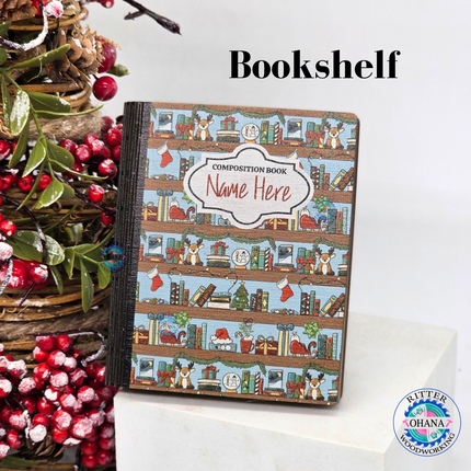 Personalized wooden teacher Christmas gift card holders designed as composition notebooks with colorful festive bookshelves.