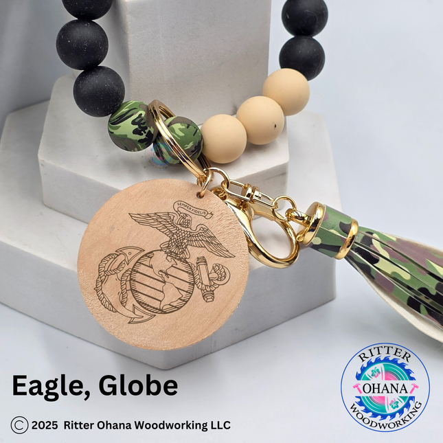 Military Camouflage Wristlet/Keychain with Wooden Disk