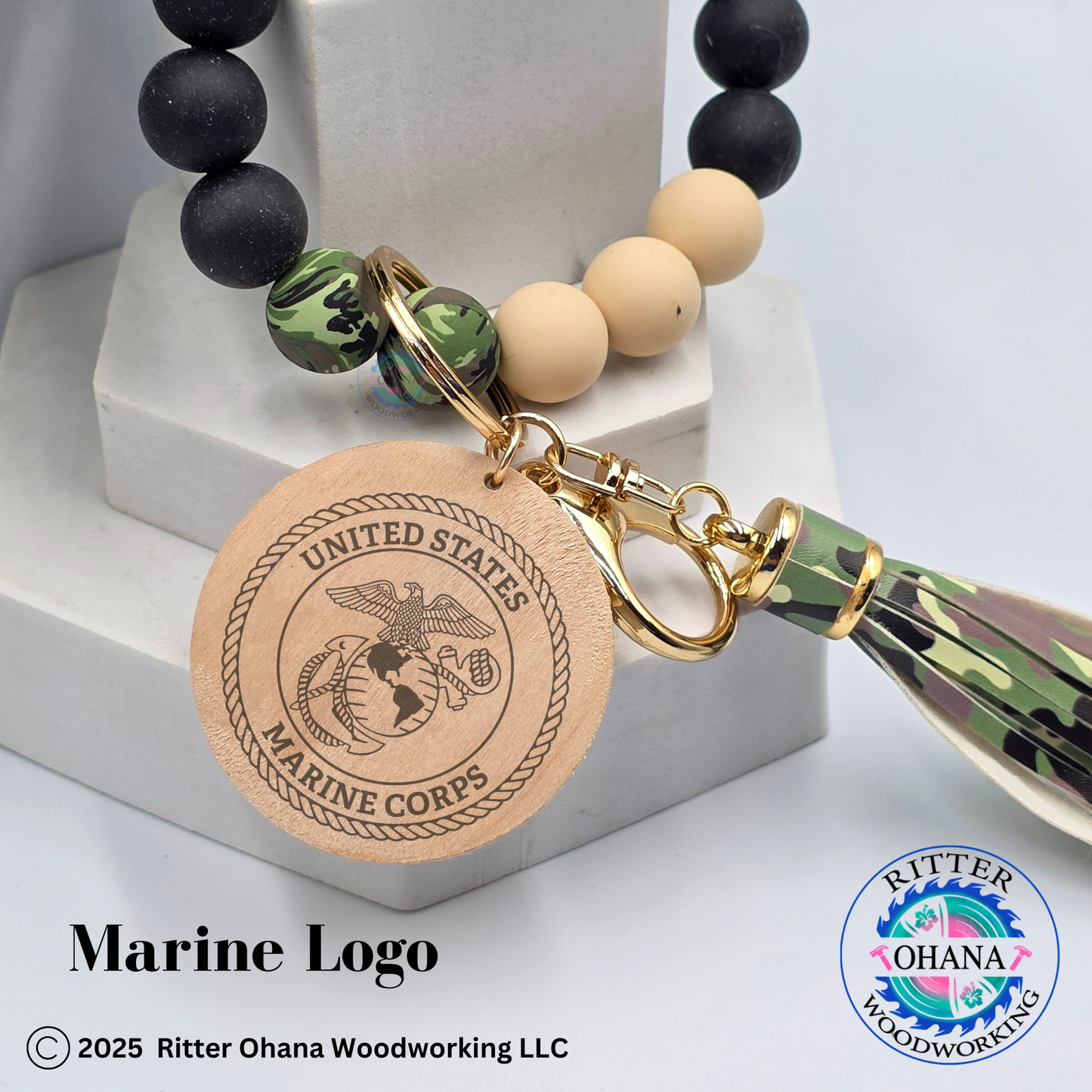 Military Camouflage Wristlet/Keychain with Wooden Disk