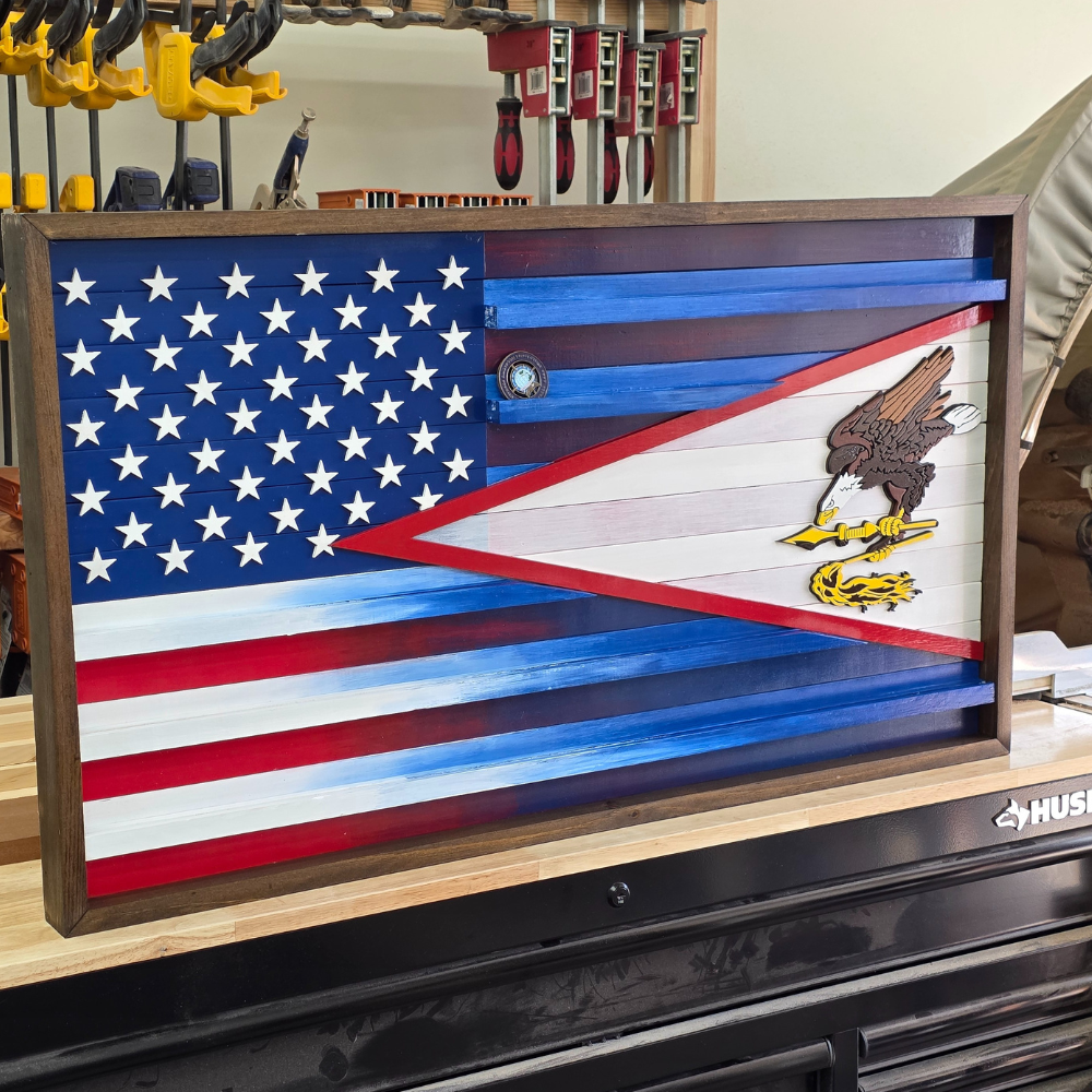 Wooden half American flag design with the other half a American Samoa Flag  with coin holder tracks