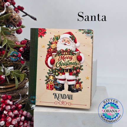 Personalized wooden Christmas gift card holders featuring Santa Claus designs with custom names and festive holiday artwork.