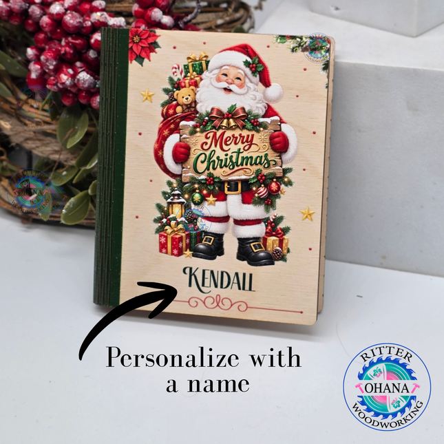 Personalized wooden Christmas gift card holders featuring Santa Claus designs with custom names and festive holiday artwork.