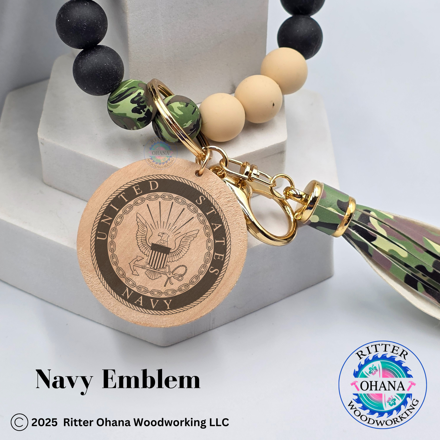 Military Camouflage Wristlet/Keychain with Wooden Disk