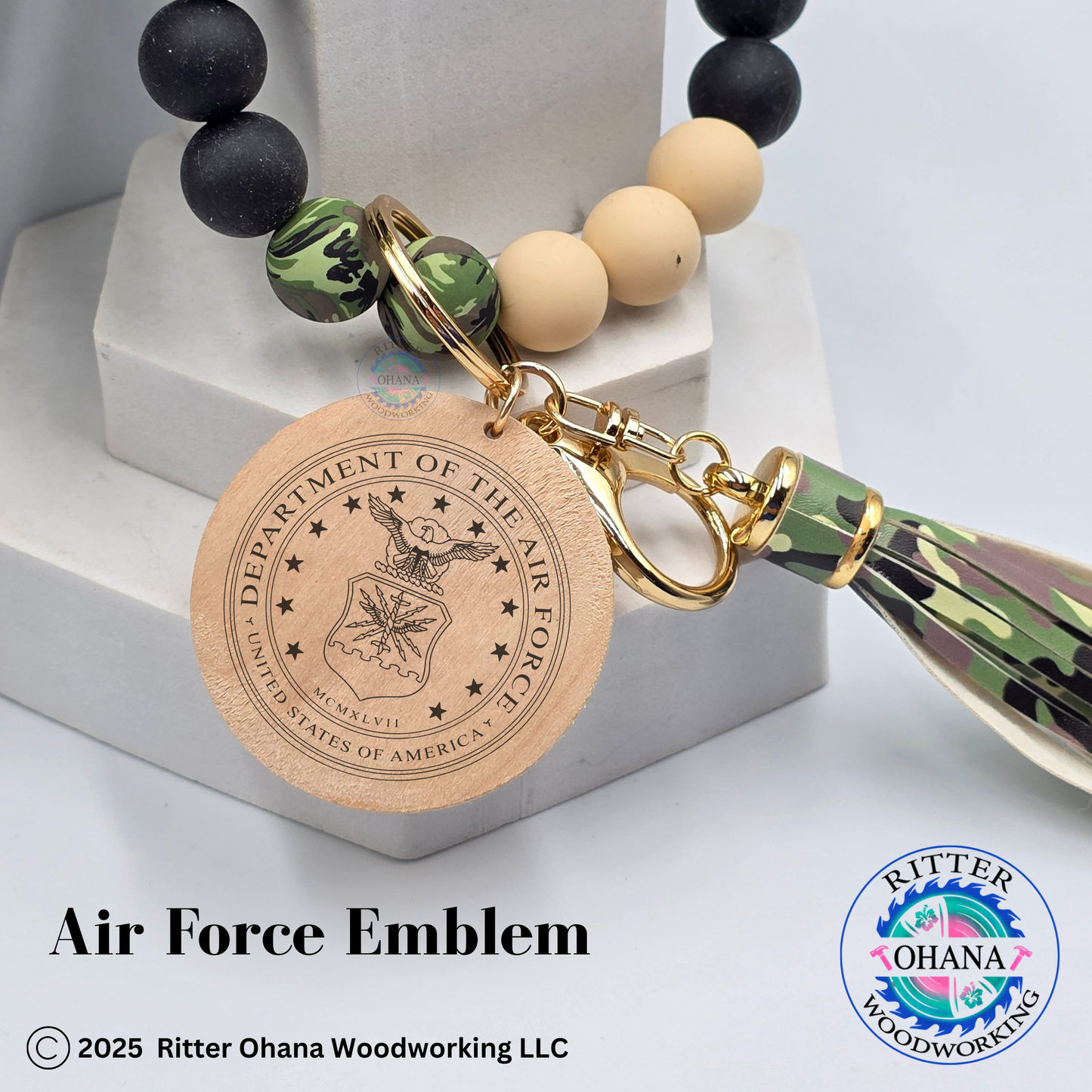 Military Camouflage Wristlet/Keychain with Wooden Disk