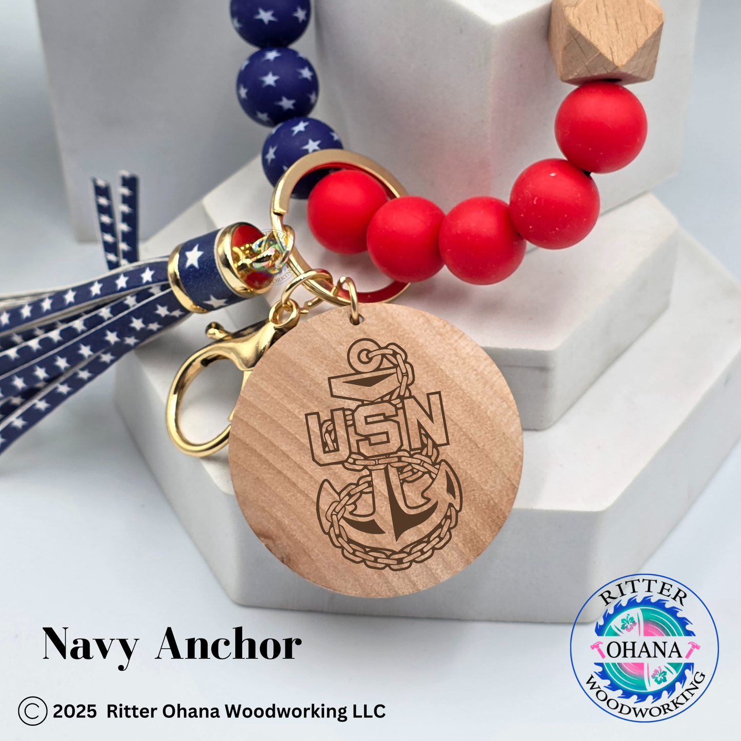 American Flag wristlet/keychain with wooden disk