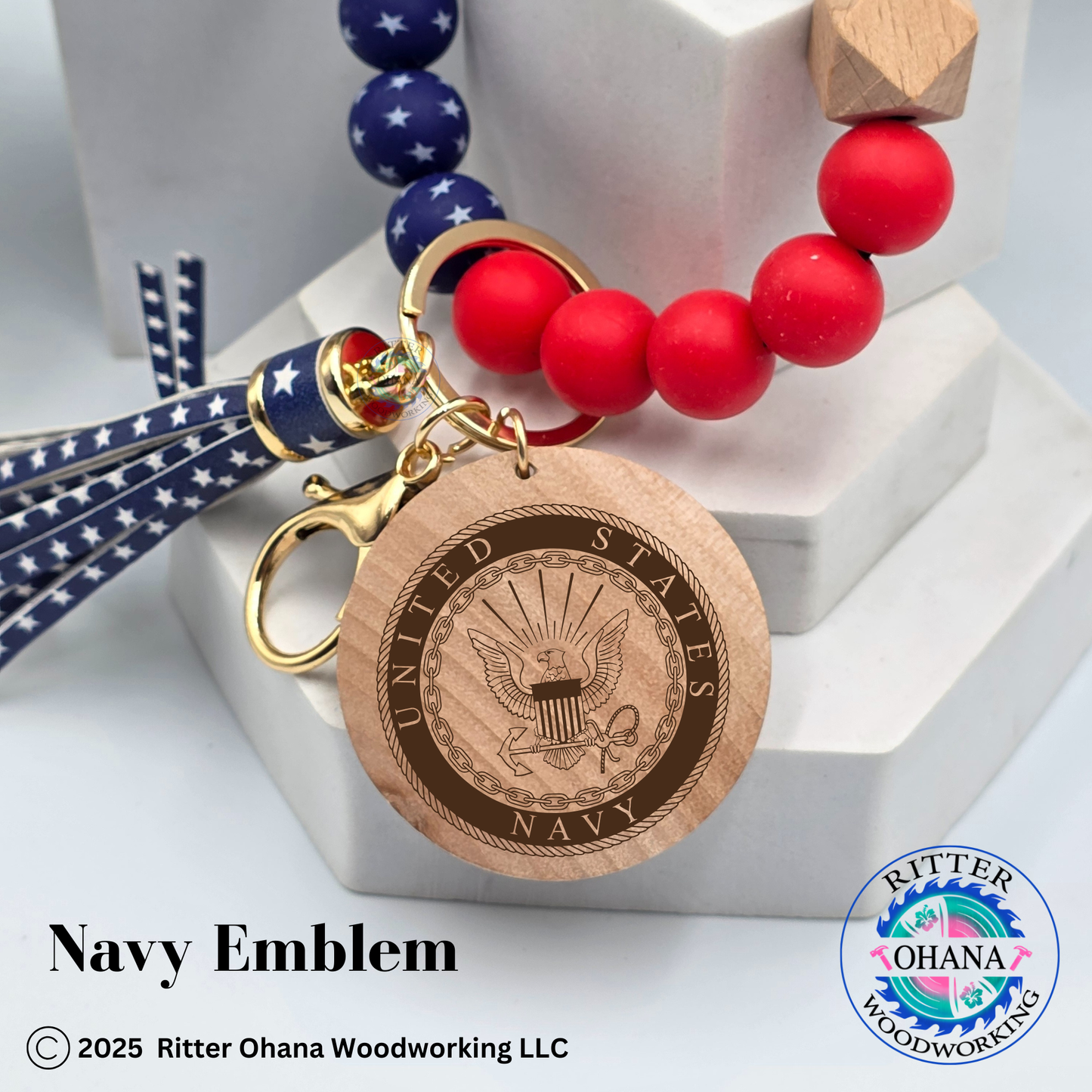 American Flag wristlet/keychain with wooden disk