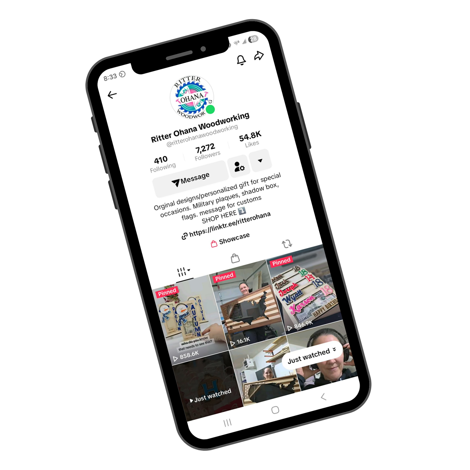 Phone displaying a social media profile with a focus on Ritter Ohana Woodworking.