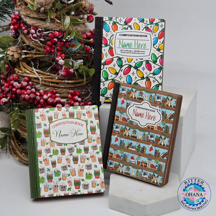 Personalized wooden teacher Christmas gift card holders designed as composition notebooks with colorful Christmas lights, holiday coffee cups and festive bookshelves.