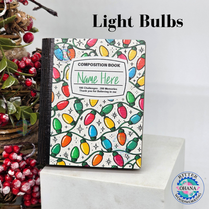 Personalized wooden teacher Christmas gift card holders designed as composition notebooks with colorful Christmas lights, 