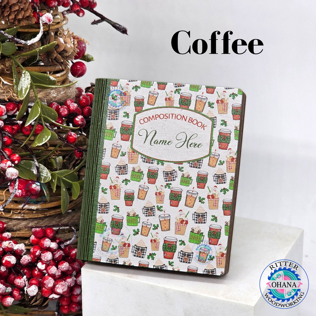 Personalized wooden teacher Christmas gift card holders designed as composition notebooks with colorful holiday coffee cups 