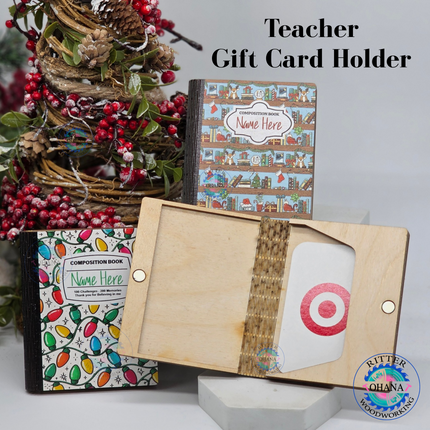 Personalized wooden teacher Christmas gift card holders designed as composition notebooks with colorful Christmas lights, holiday coffee cups and festive bookshelves.