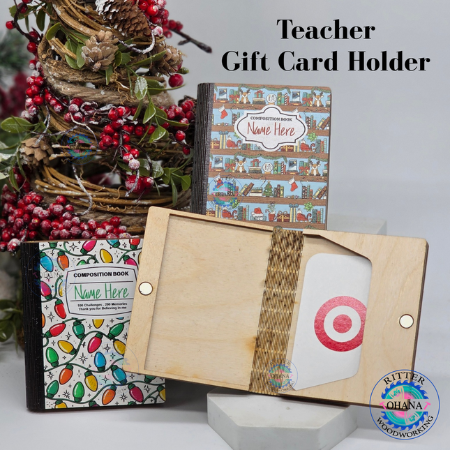 Personalized wooden teacher Christmas gift card holders designed as composition notebooks with colorful Christmas lights, holiday coffee cups and festive bookshelves.