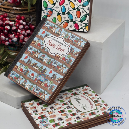 Personalized wooden teacher Christmas gift card holders designed as composition notebooks with colorful Christmas lights, holiday coffee cups and festive bookshelves.