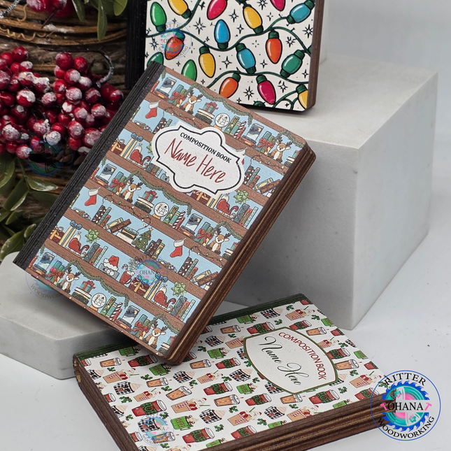 Personalized wooden teacher Christmas gift card holders designed as composition notebooks with colorful Christmas lights, holiday coffee cups and festive bookshelves.