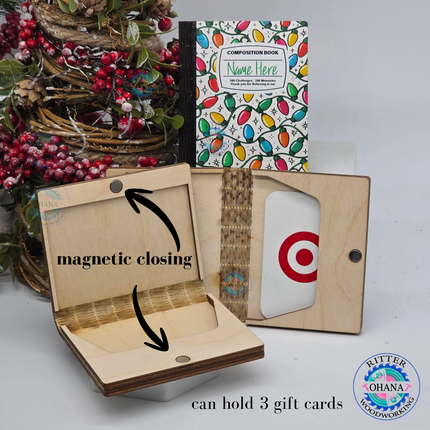 Personalized wooden teacher Christmas gift card holders designed as composition notebooks with colorful Christmas lights wooden holder open with magnetic closing and slot for gift card