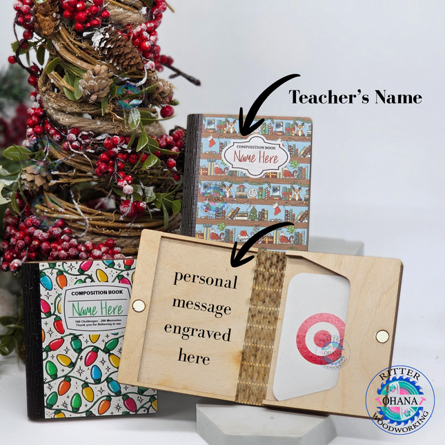 Personalized wooden teacher Christmas gift card holders designed as composition notebooks with colorful Christmas lights and festive bookshelves. wooden holder open with magnetic closing and slot for gift card