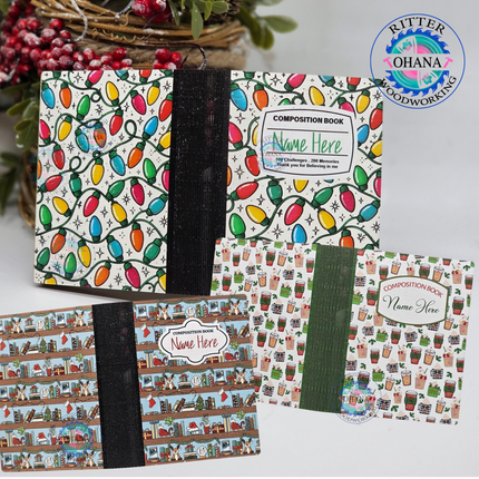 Personalized wooden teacher Christmas gift card holders designed as composition notebooks with colorful Christmas lights, holiday coffee cups and festive bookshelves.