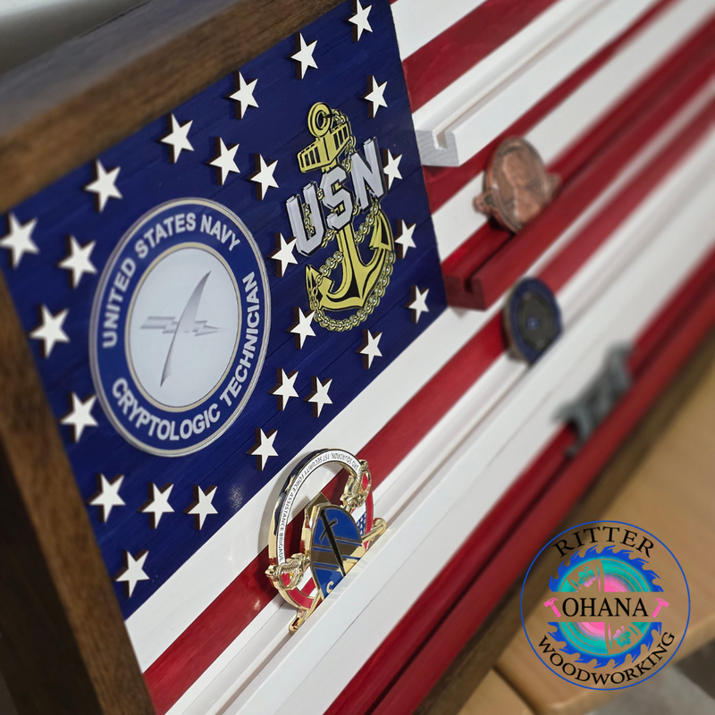 United States Navy flag with a crypto logic technician emblem on a wooden surface.