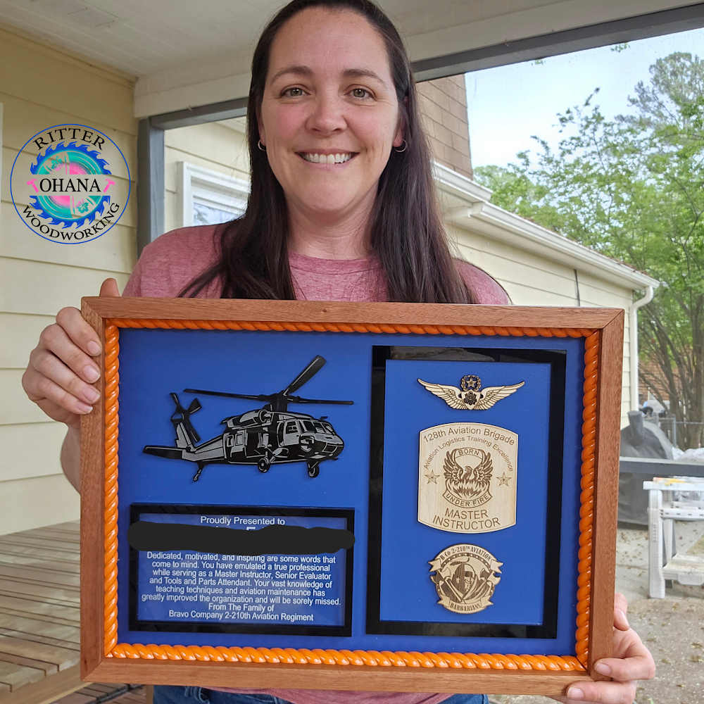 wood frame, helicopter image, with military unit test and engraving 
