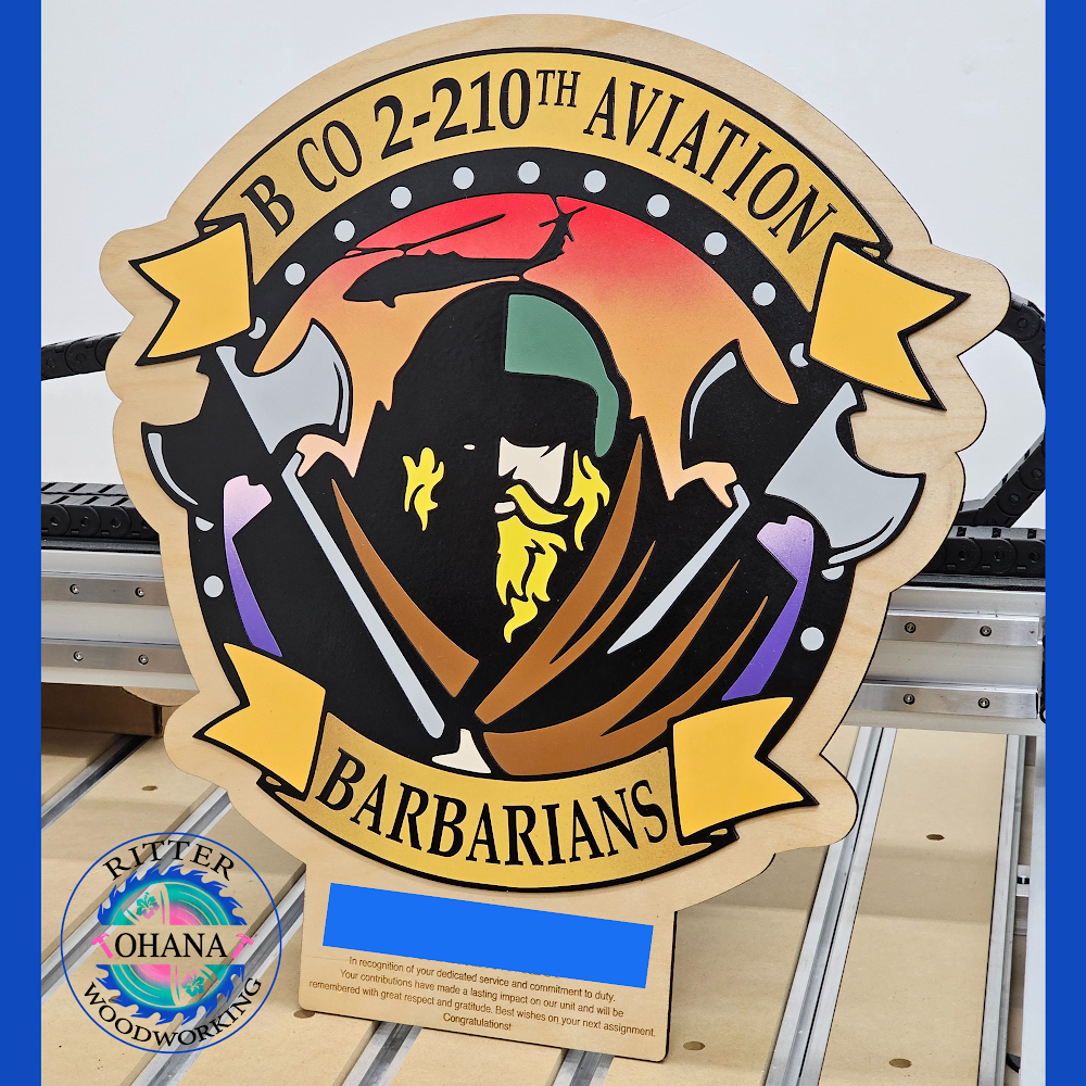 laser wood cut out, with military unit logo wood painted and engraving test