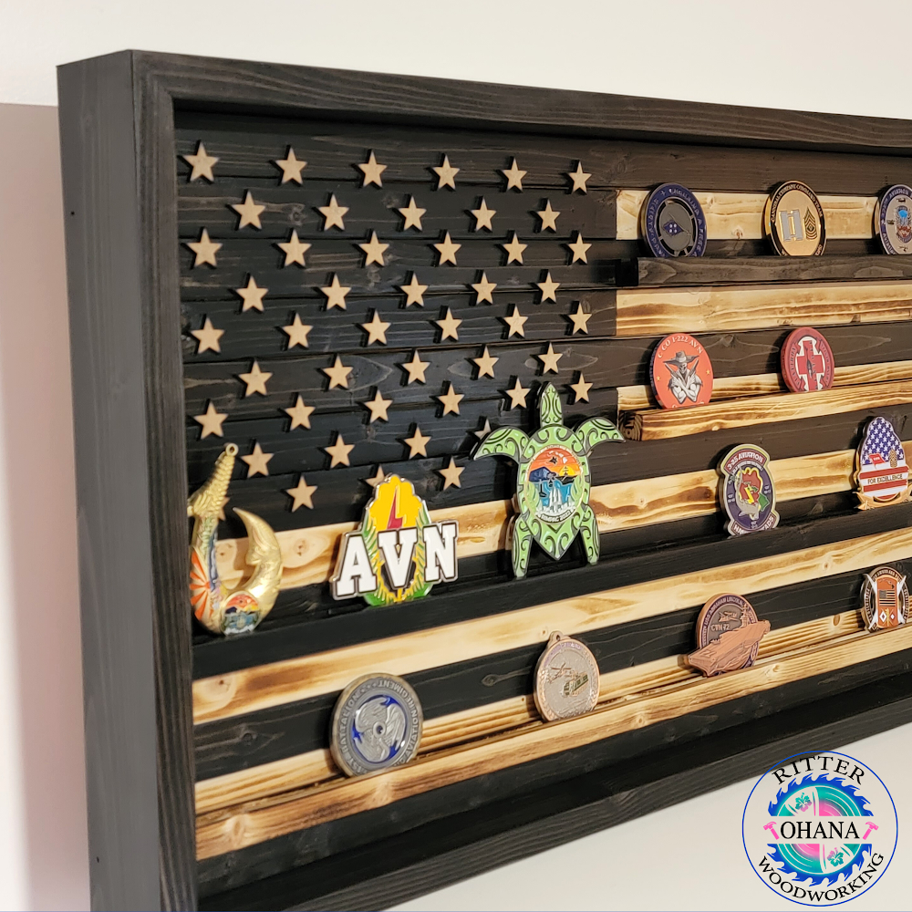 wooden flag with tracks to hold challenge coins